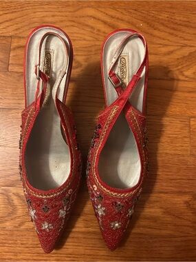 Buffalo London Sz 40 Y2K Inspired Heels Toe Red & Black Beaded Slingback Heels